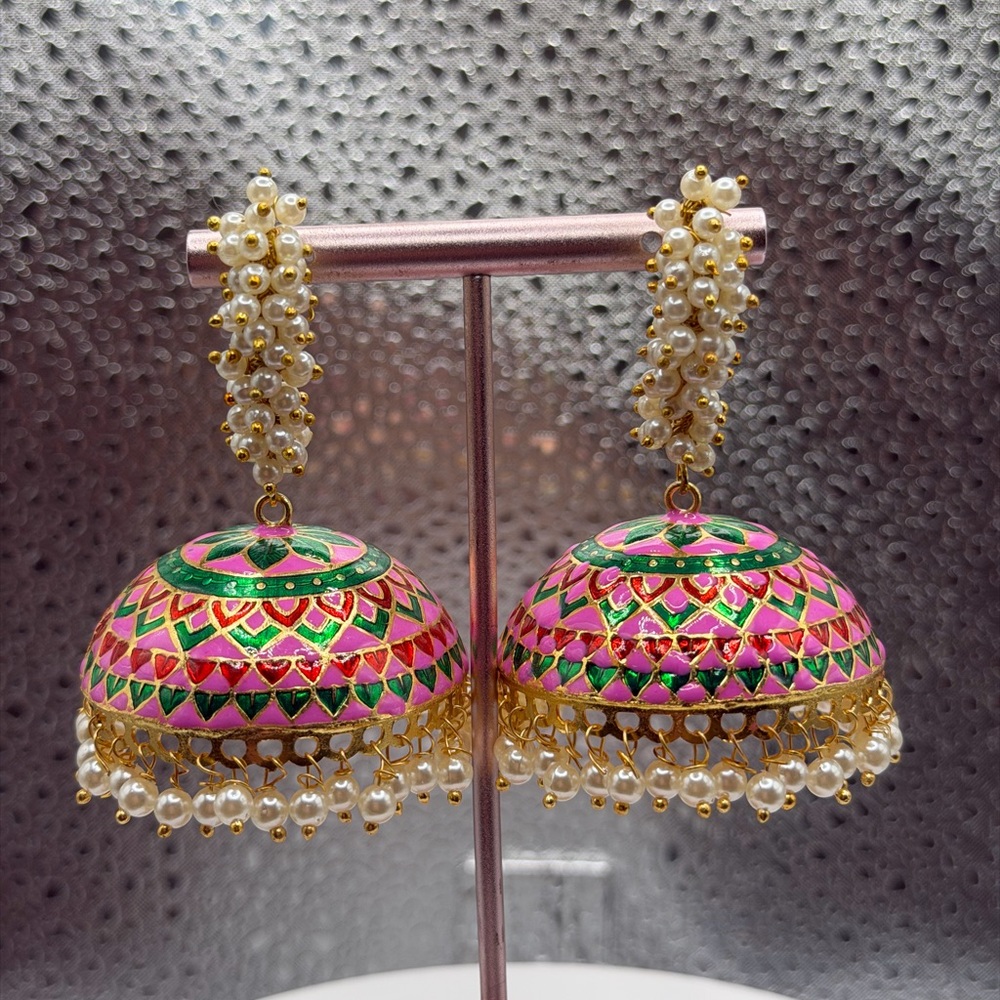 Pink and Green Jhumka Earrings with Pearl Detailing - Picture 3 of 5